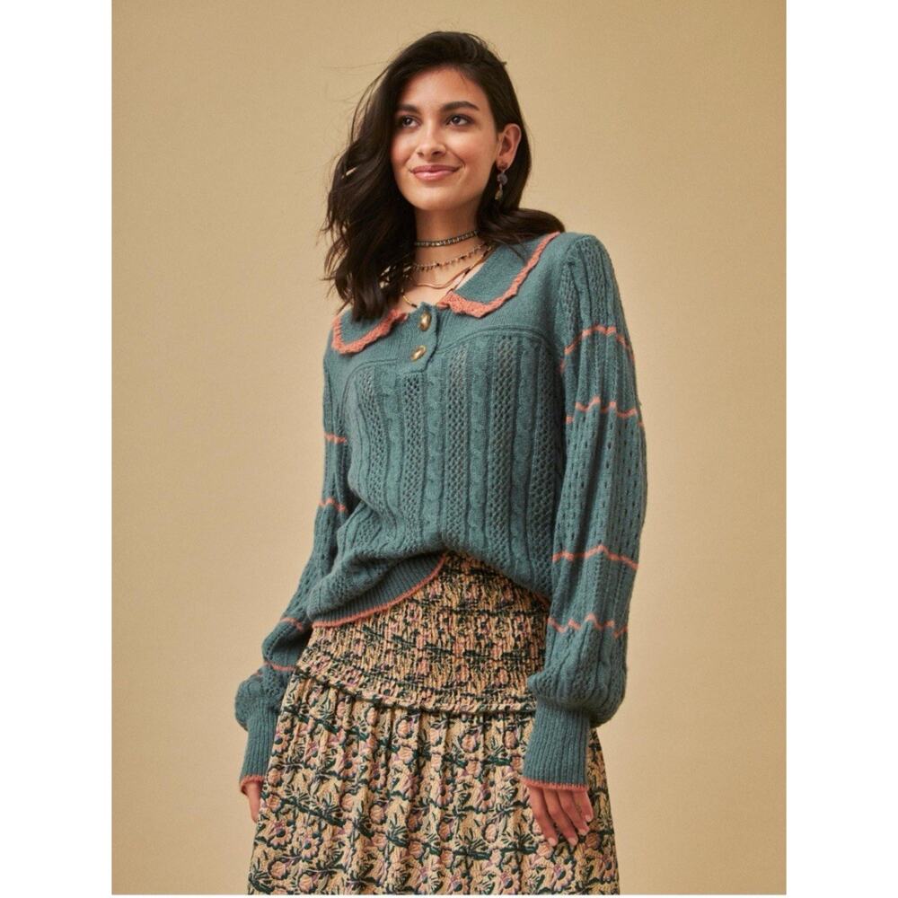 Nekane Collared Blue Orange Trim Sweater Size Small